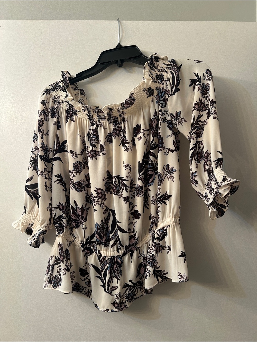 Chelsea28 Cream Blouse with Black Floral Print